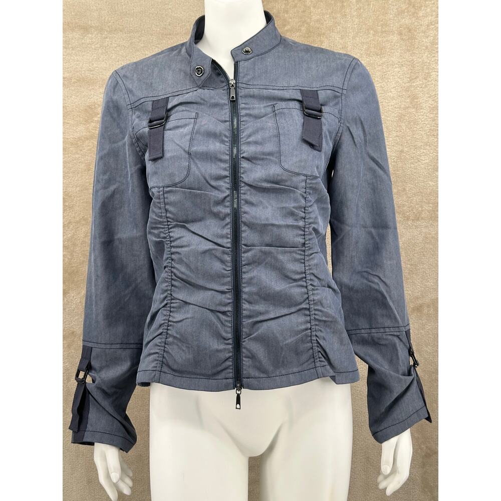 Lafayette 148 Jacket Womens 4 Chambray Moto Ruched Utility Tencel Buckles Travel